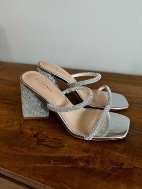 Silver Rhinestone Block Heel Sandals